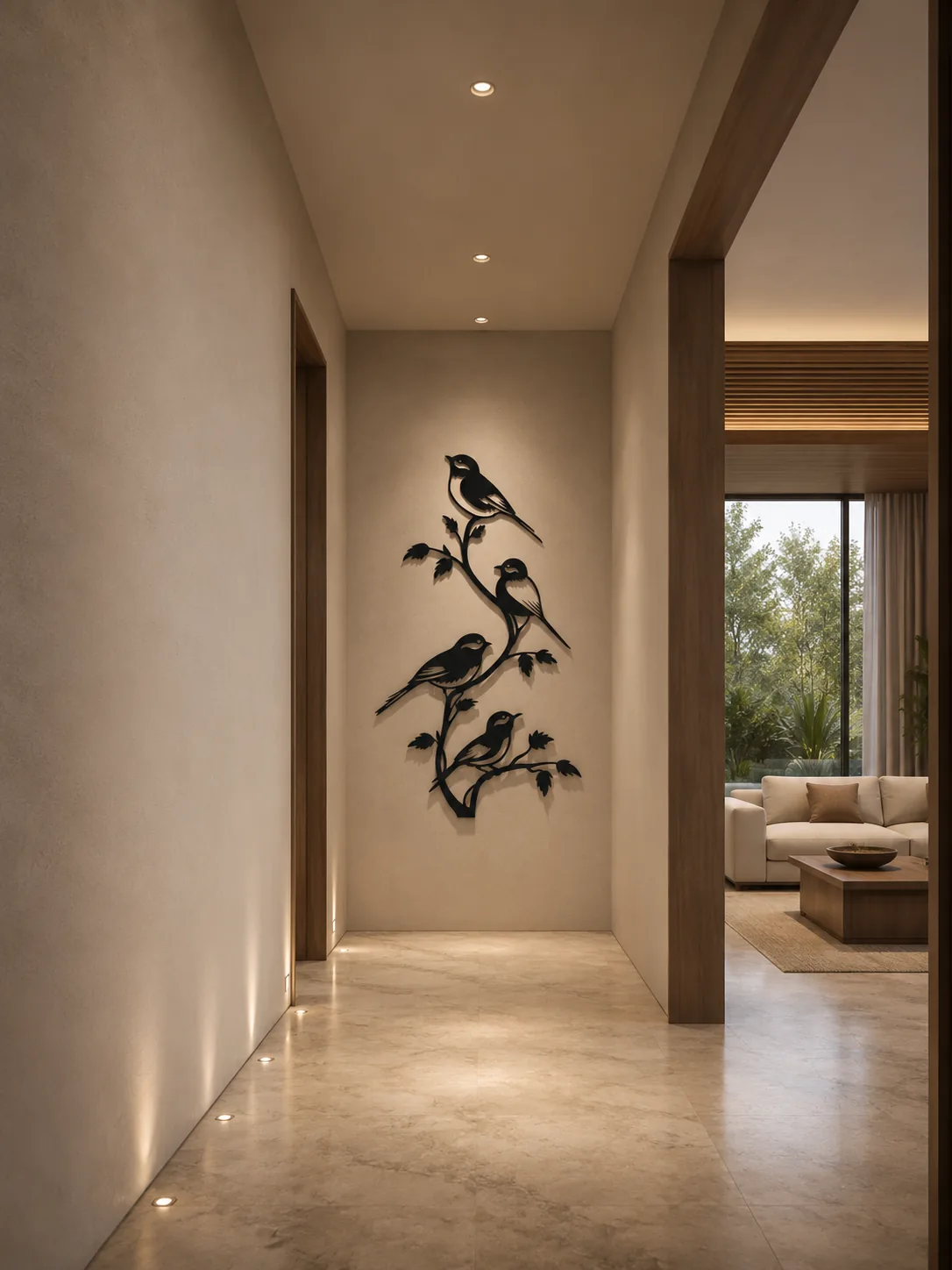 Decoración mural de pájaros en pasillo
